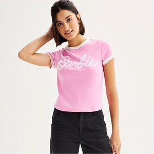 2 for $15 Juniors' Barbie® Short Sleeve Pink Graphic Tee size medium